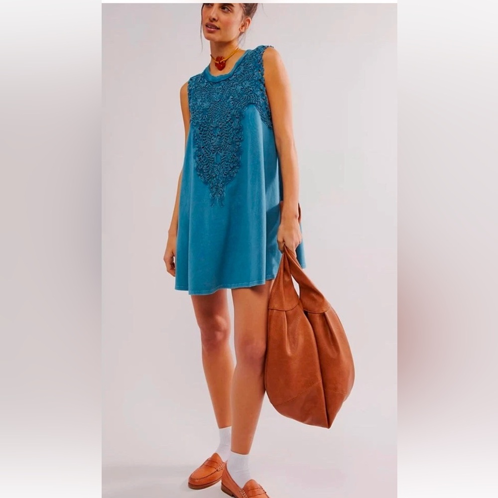 Free People Lavender Fields Mini Dress Embroider Floral Crochet Denim